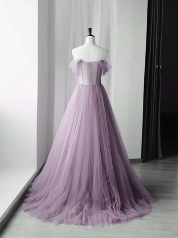 A-line Off-the-shoulder Appliques Tulle Long Evening Dress Prom Dress HZ1023
